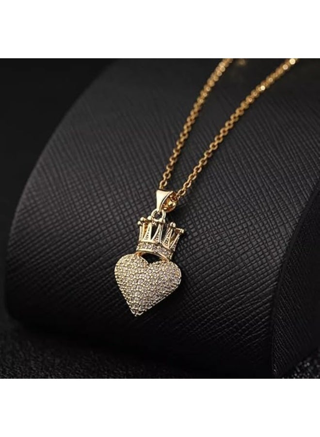 14K Yellow Gold Heart Crown Necklace - 14K Yellow Gold Royal Charm Crown Necklace with Chain for Women - Image 4